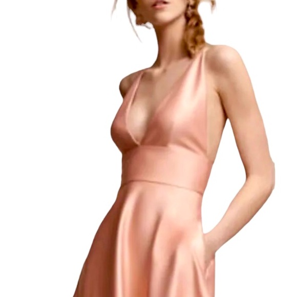 New BHLDN x Hitherto Shelby 2 & 8 Peach Pink Halter Criss Cross Satin Midi Dress - Picture 5 of 7